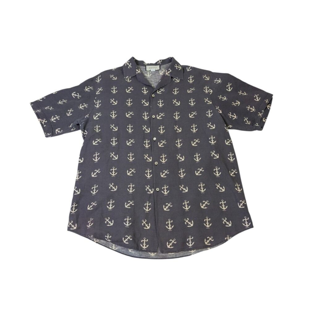 Gucci Anchor Print Linen Cotton Camp Shirt Gray Nautical Italy 2XL